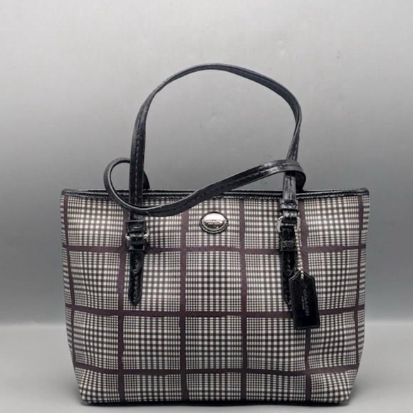Coach Peyton Glen Plaid Coated Canvas Black Leather Mini Tote - Picture 1 of 5